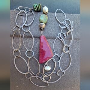 Artisan handcrafted huge solid brushed 925 sterling silver turquoise, ruby,